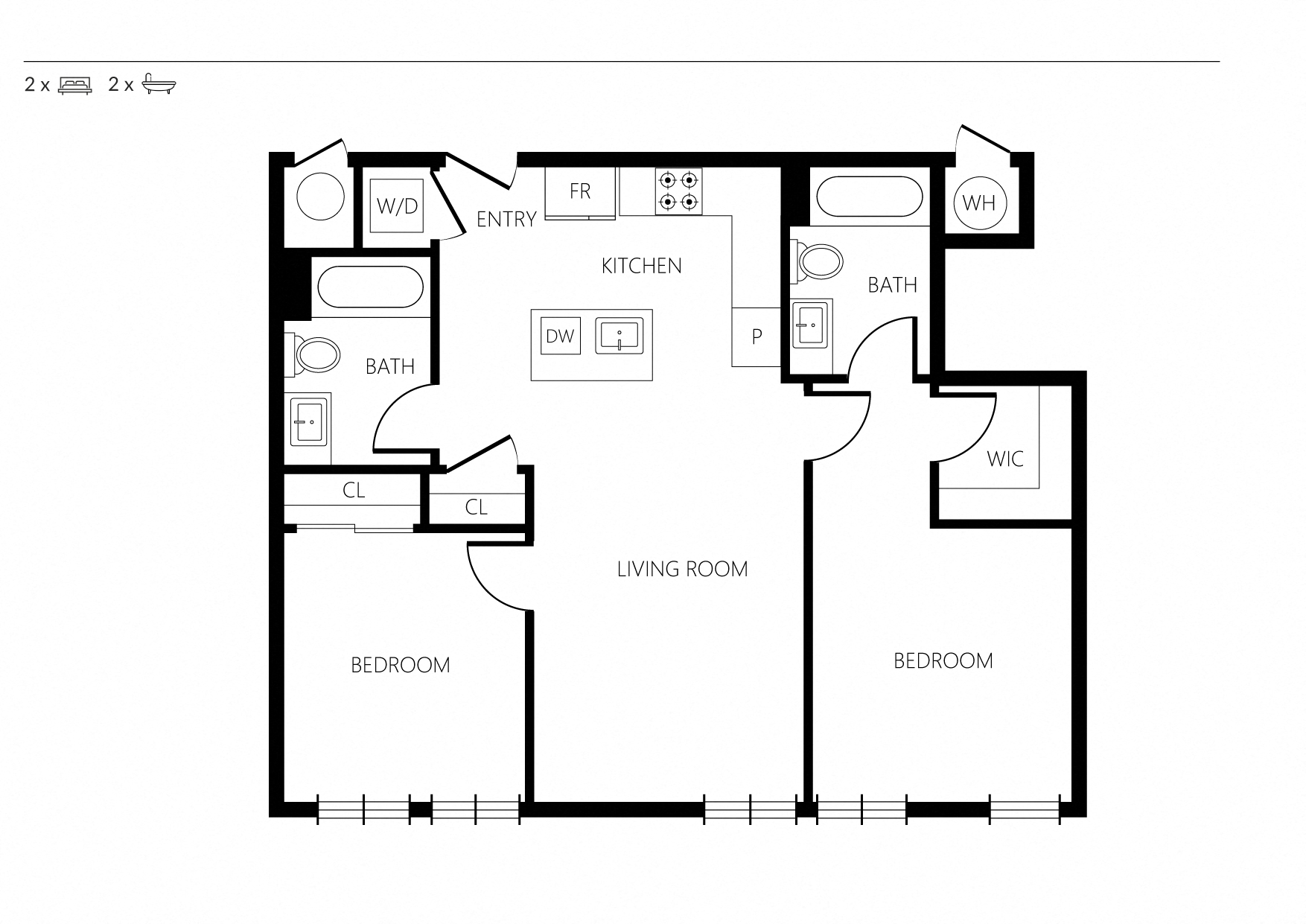 Floor plan for 2 beds, 2 baths, 886 sqft